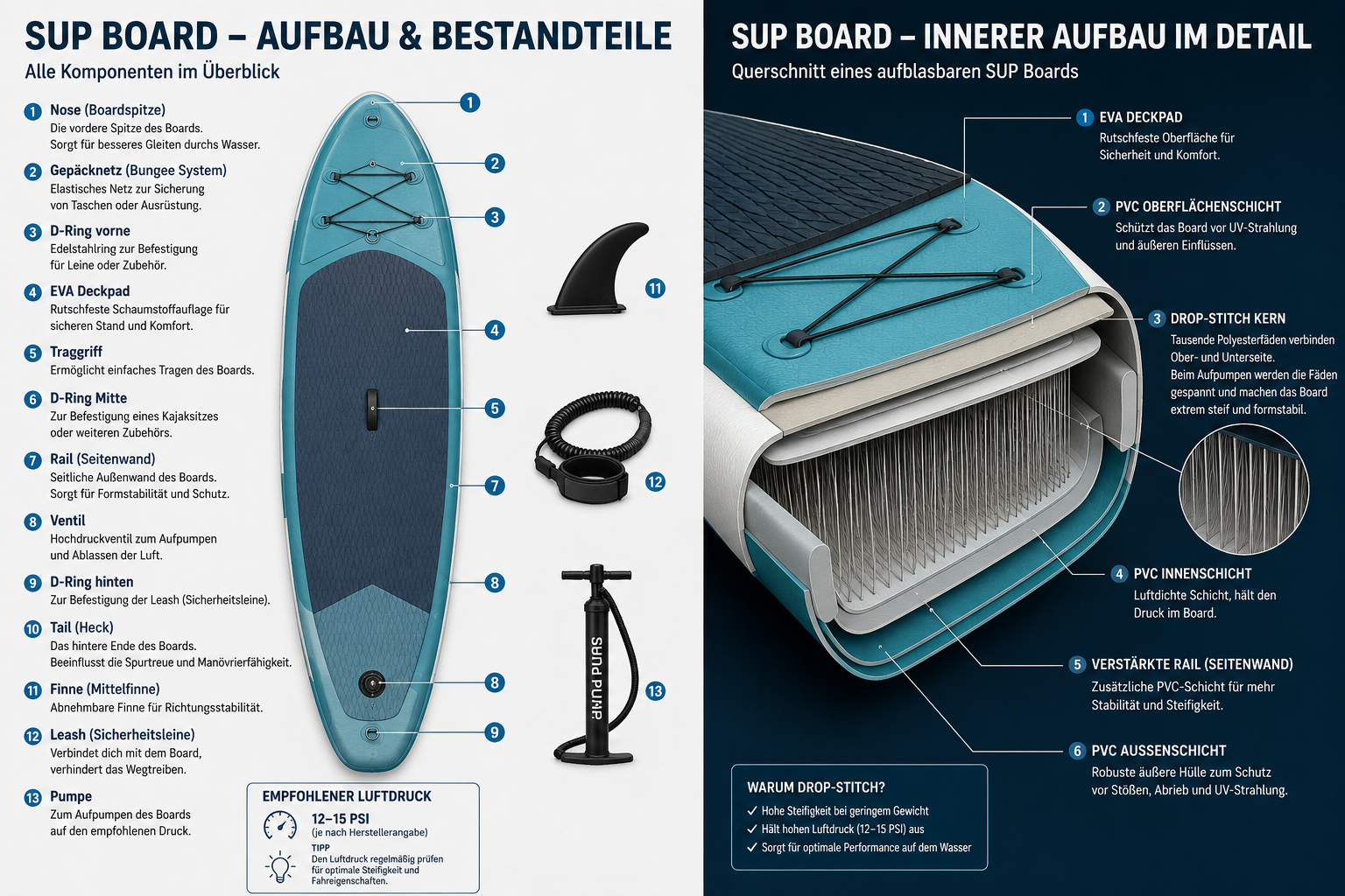 Infografik eines SUP-Boards mit Beschriftung der Bauteile und innerem Aufbau im SUP Board Test Vergleich